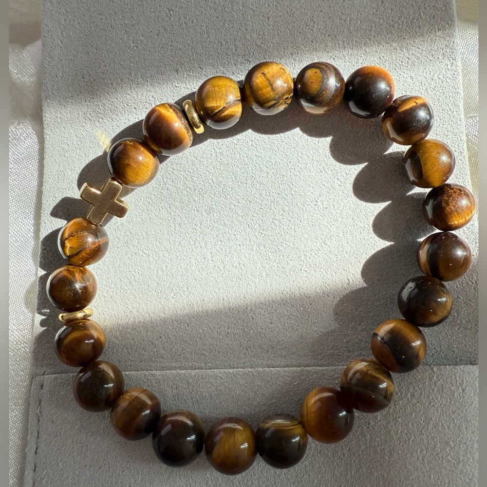 Gold cross driftwood beaded bracelet